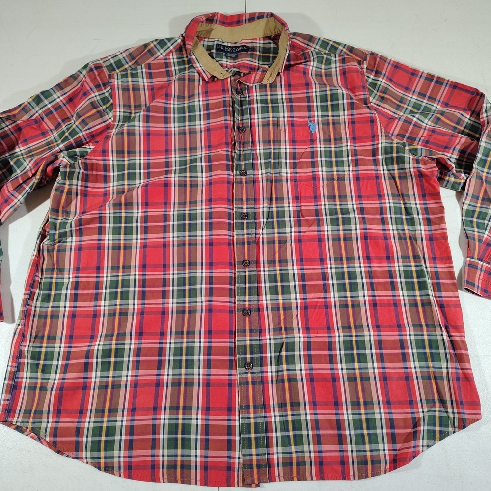 U.S. Polo Assn. Shirt Men 2XL Red Plaid Farmer Dad Office Classic Comfort